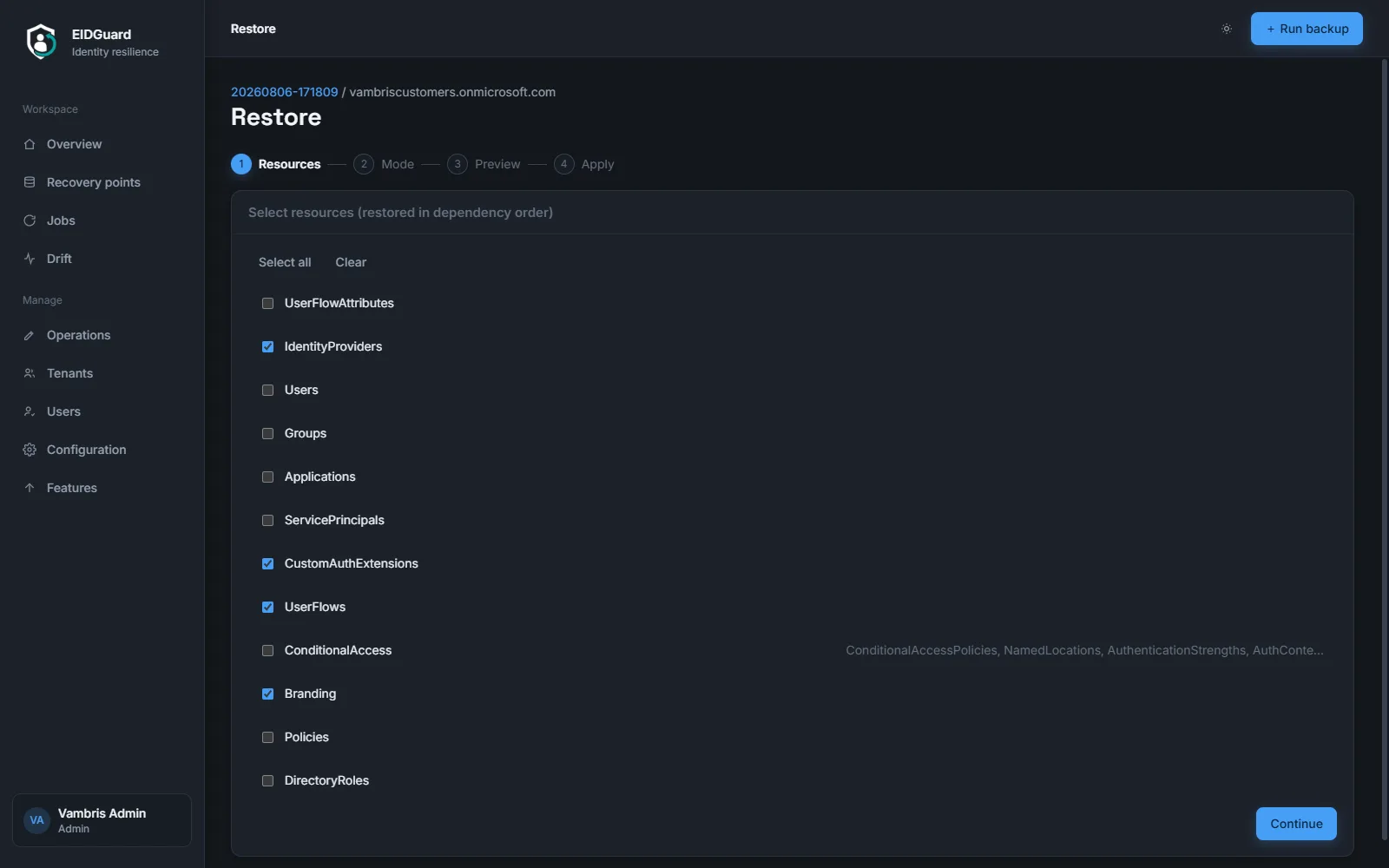 EIDGuard restore wizard selecting individual resource types to restore in dependency order, with Resources, Mode, Preview and Apply steps.